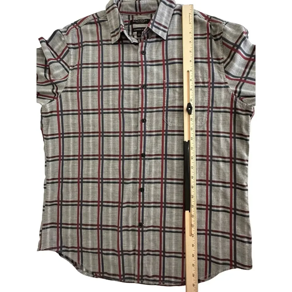 Banana Republic Mens Luxe Flannel‎ Shirt Large Camden Fit Gray Windowpane Plaid